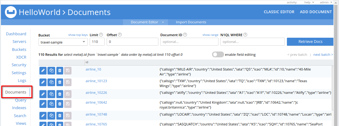 Couchbase Documents Tab