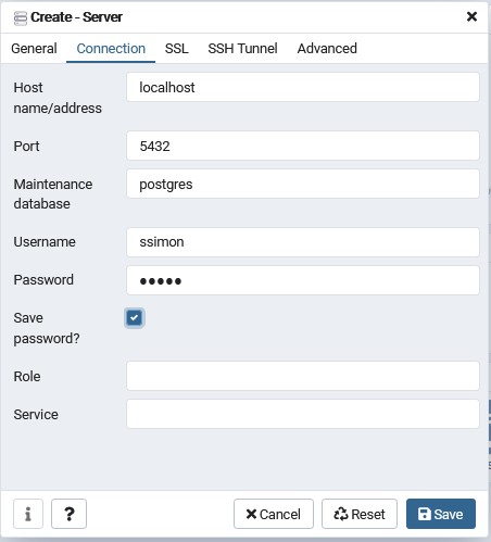 pgAdmin Connection Tab Configuration