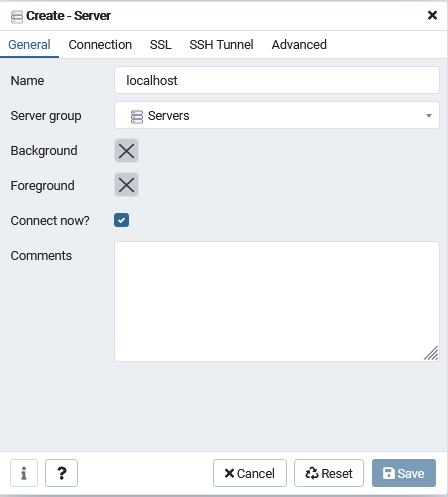 pgAdmin General Tab Add Server Name