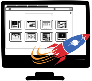 Red and blue rocket over a desktop computer screen.